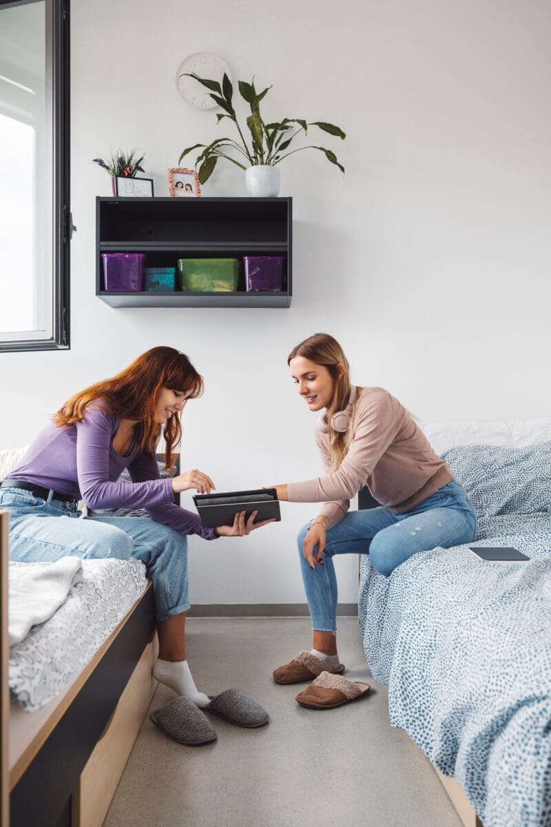 Students on campus, living away from home, studying, spending time with friends. Student dorm. Away